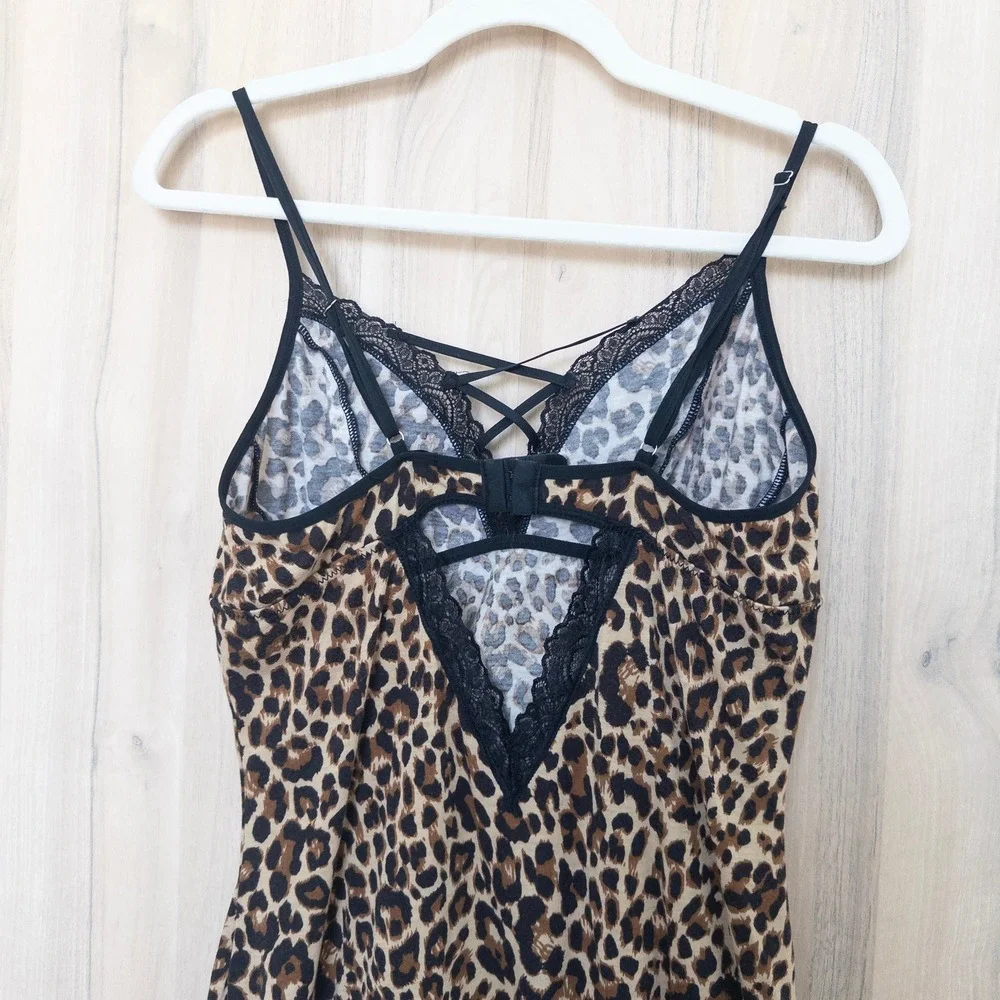 Womens Leopard Lace Trim Cami Top XL Brown Strappy Stretch Y2K Mob Wife Coquette